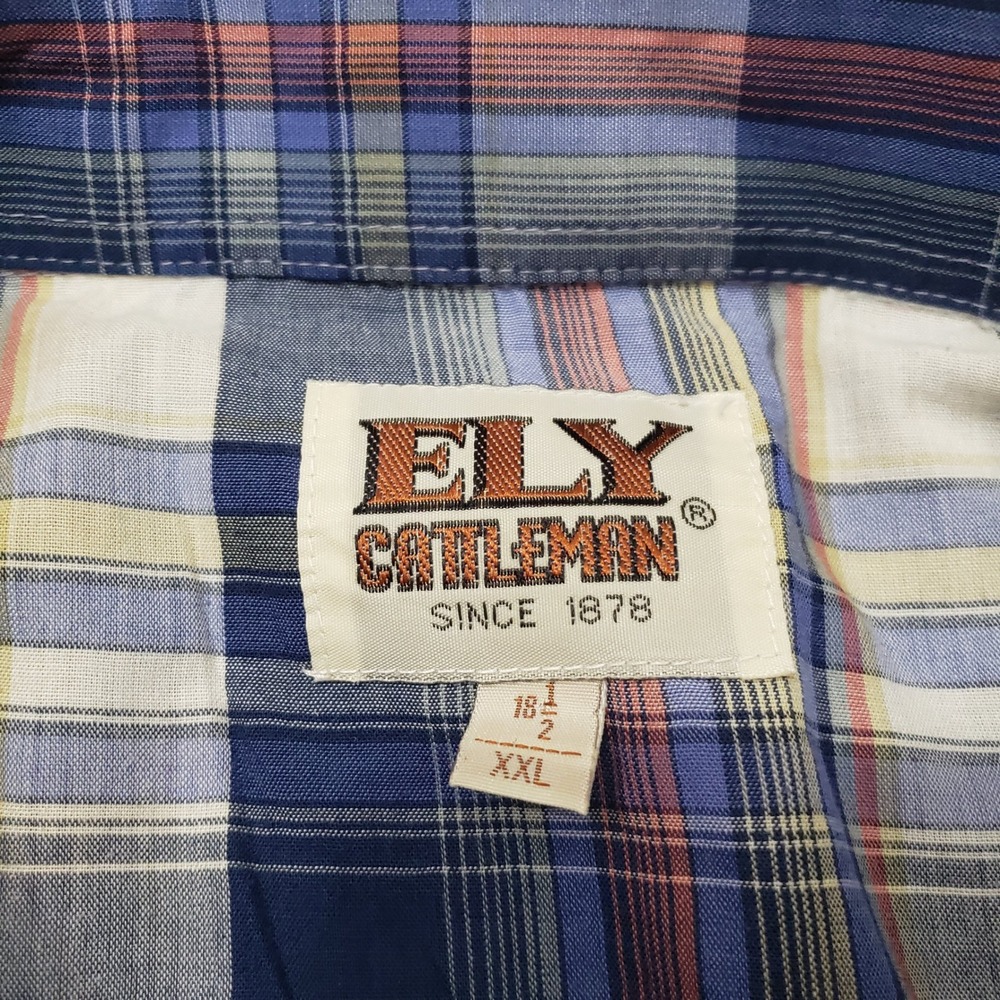 Ely Cattleman Western Shirt Mens 2XL Blue Plaid Pearl Snap Short Sleeve Rodeo - Picture 4 of 8